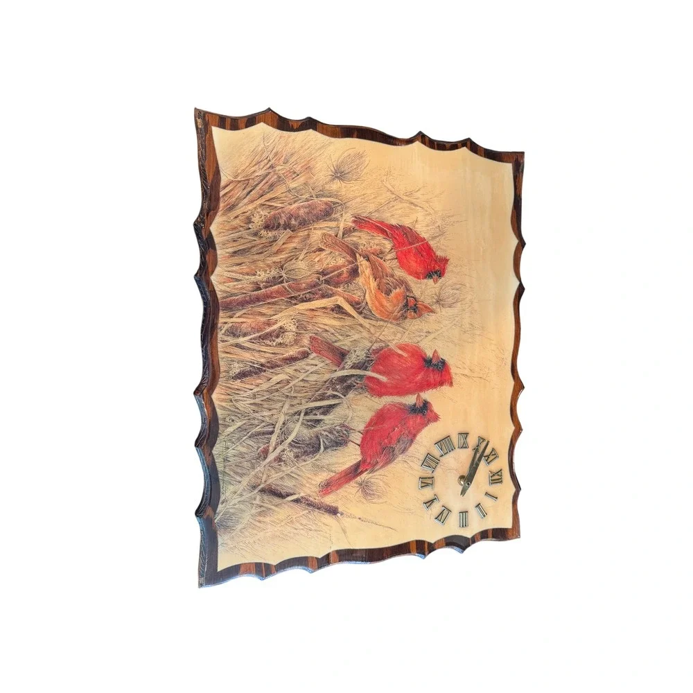 Vintage Large Wood Plaque Wall Clock Red Cardinals Birds Nature Roman Numerals
